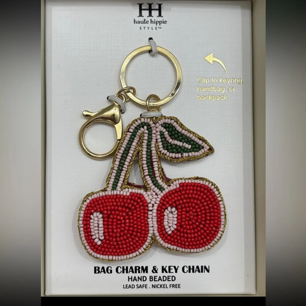 HAUTE HIPPIE STYLE Hand-Beaded Crafted Cherry Keychain Bag Purse Charm NEW NWT